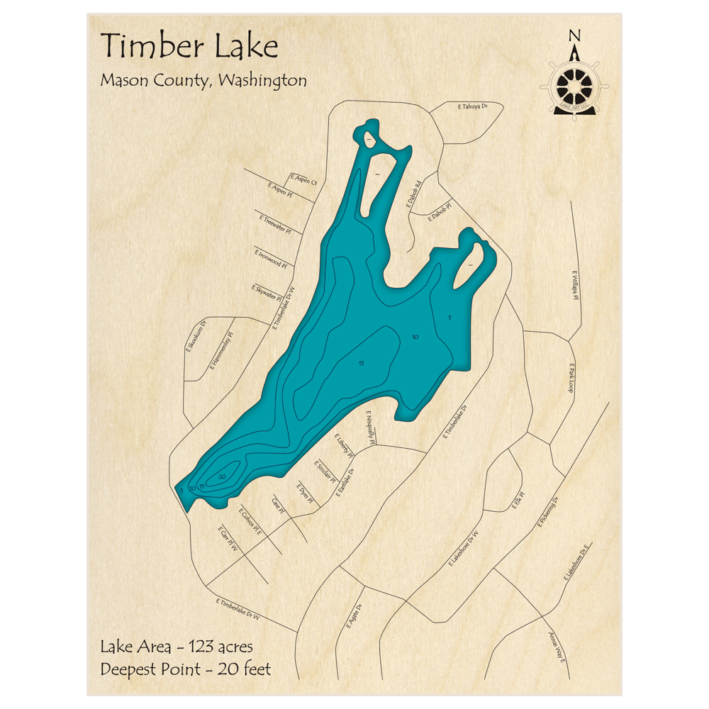 Bathymetric topo map of Timber Lake with roads, towns and depths noted in blue water