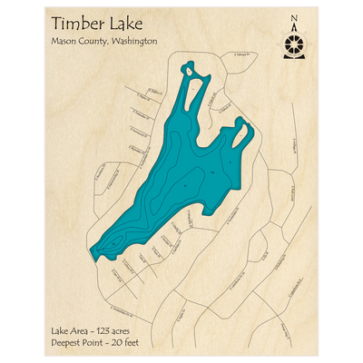 Bathymetric topo map of Timber Lake with roads, towns and depths noted in blue water