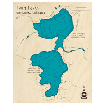 Bathymetric topo map of Twin Lakes (North and South) with roads, towns and depths noted in blue water