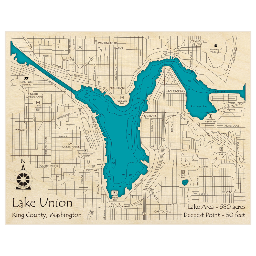 Bathymetric topo map of Lake Union with roads, towns and depths noted in blue water