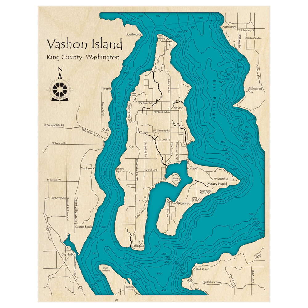 Bathymetric topo map of Vashon Island with roads, towns and depths noted in blue water