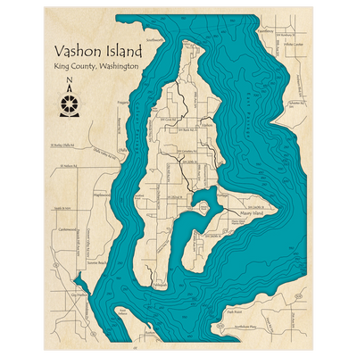 Bathymetric topo map of Vashon Island with roads, towns and depths noted in blue water