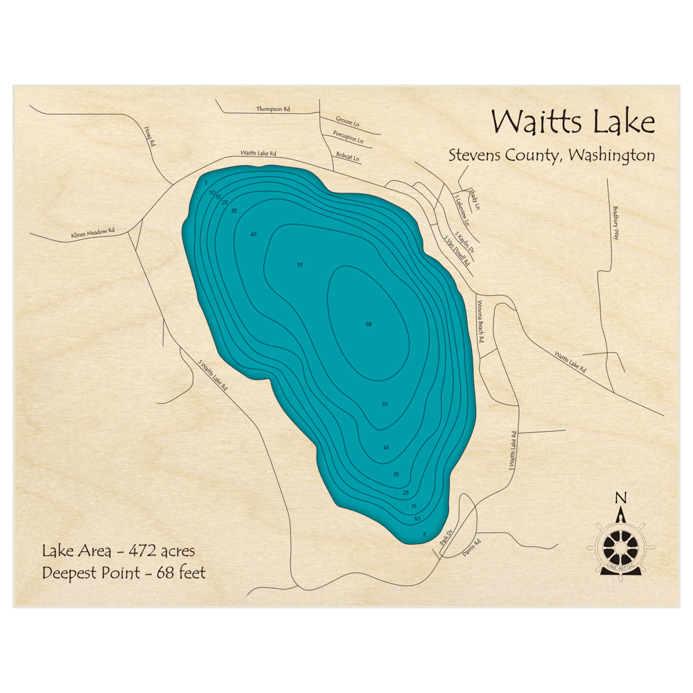 Bathymetric topo map of Waitts Lake with roads, towns and depths noted in blue water