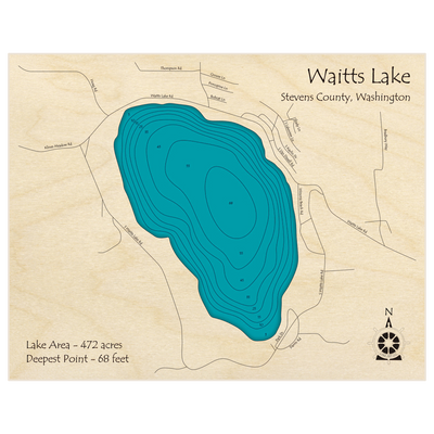 Bathymetric topo map of Waitts Lake with roads, towns and depths noted in blue water