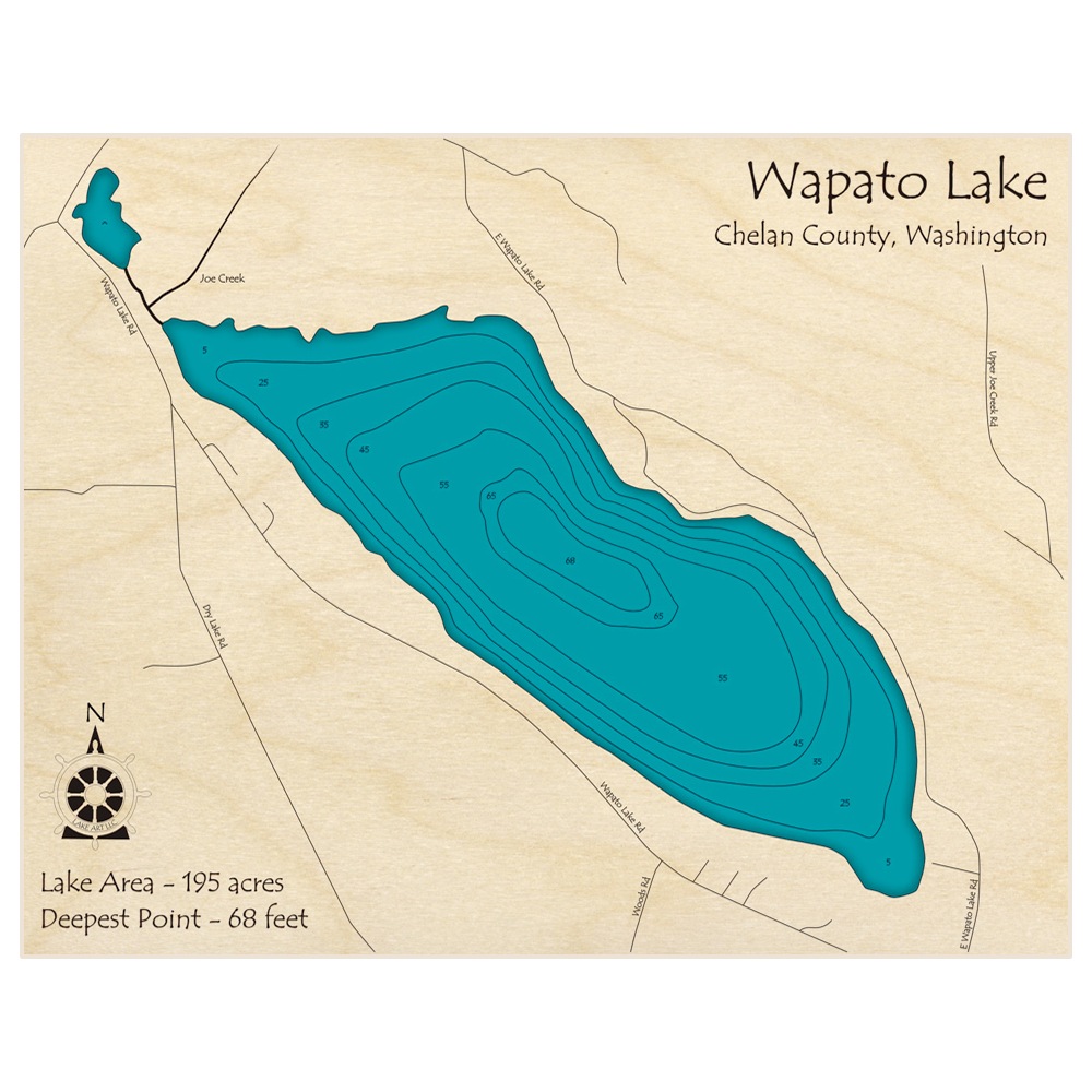 Bathymetric topo map of Wapato Lake with roads, towns and depths noted in blue water