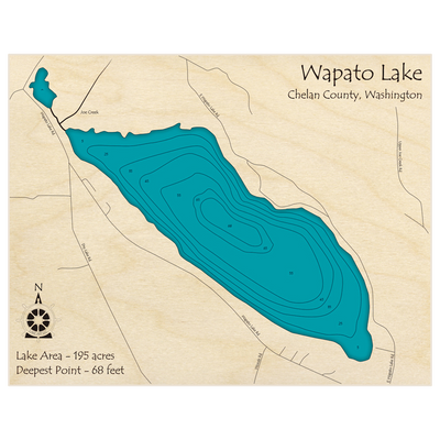 Bathymetric topo map of Wapato Lake with roads, towns and depths noted in blue water