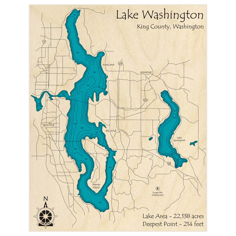 Bathymetric topo map of Lake Washington with roads, towns and depths noted in blue water