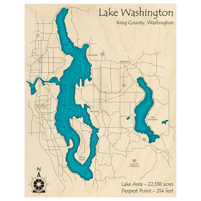 Bathymetric topo map of Lake Washington with roads, towns and depths noted in blue water