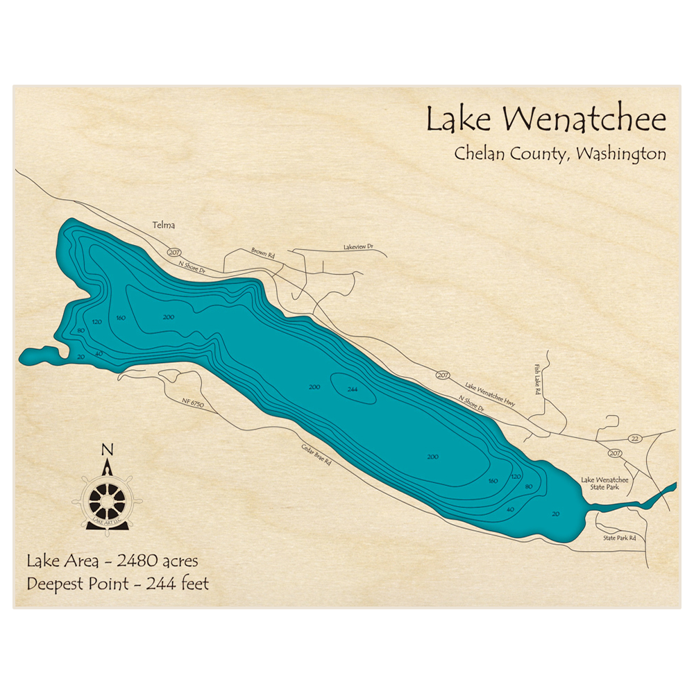 Bathymetric topo map of Lake Wenatchee with roads, towns and depths noted in blue water
