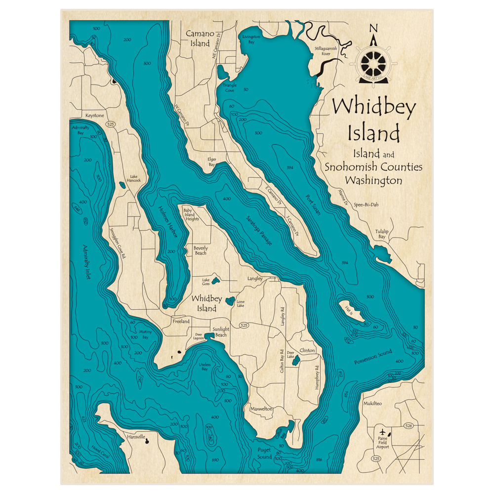 Bathymetric topo map of Whidbey Island (South Zoom) with roads, towns and depths noted in blue water