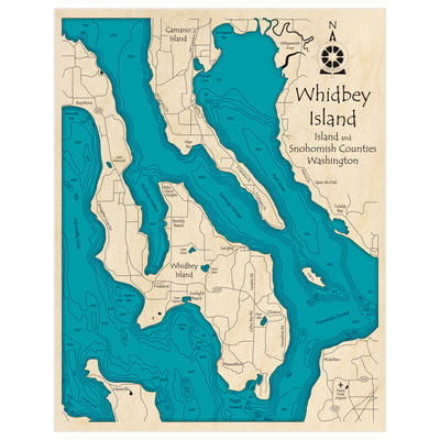 Bathymetric topo map of Whidbey Island (South Zoom) with roads, towns and depths noted in blue water