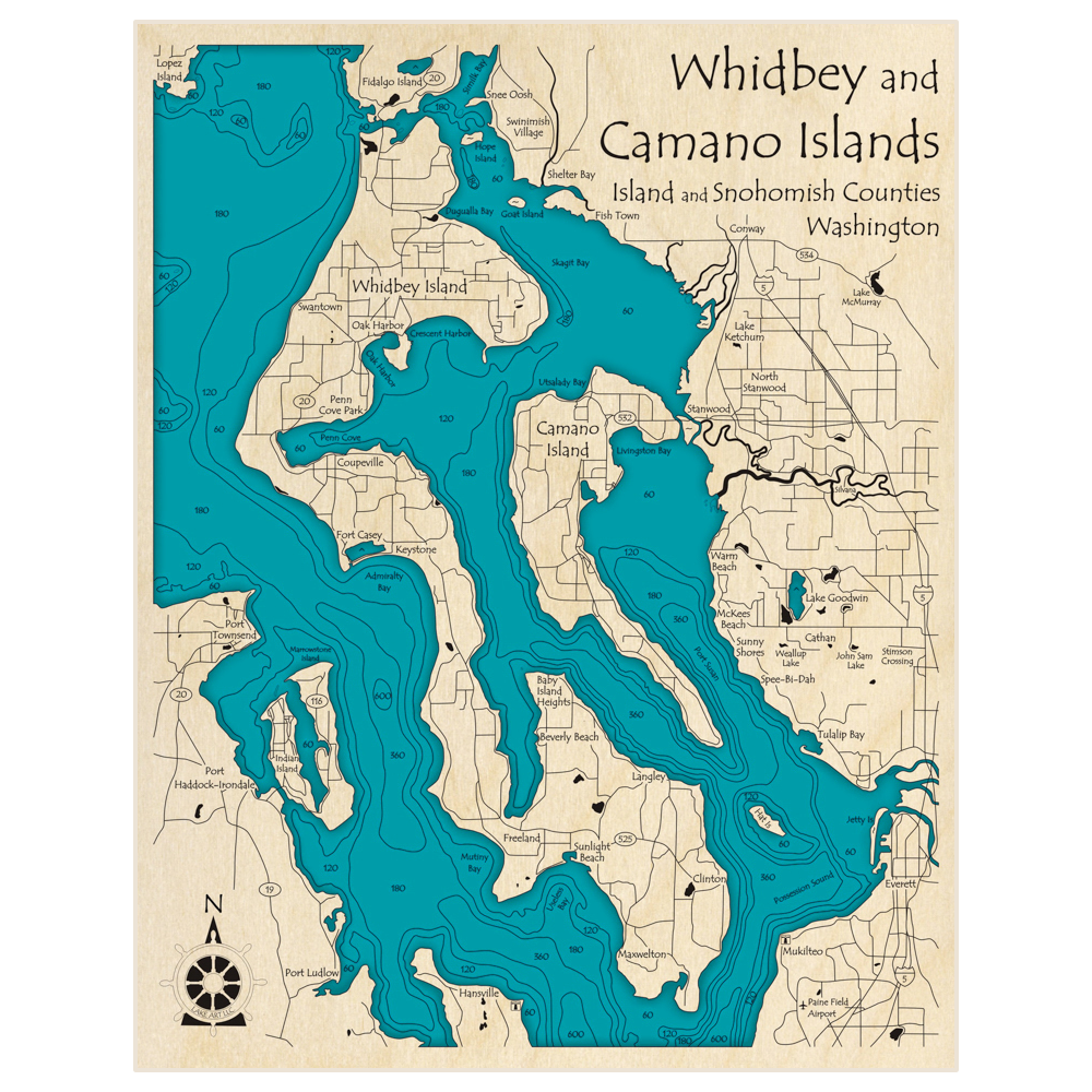 Bathymetric topo map of Whidbey and Camano Islands with roads, towns and depths noted in blue water