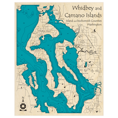 Bathymetric topo map of Whidbey and Camano Islands with roads, towns and depths noted in blue water