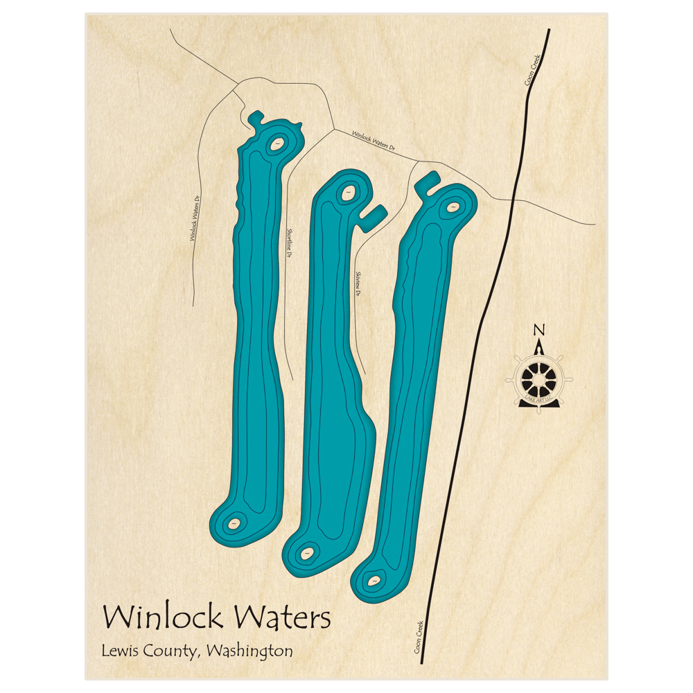 Bathymetric topo map of Winlock Waters  with roads, towns and depths noted in blue water