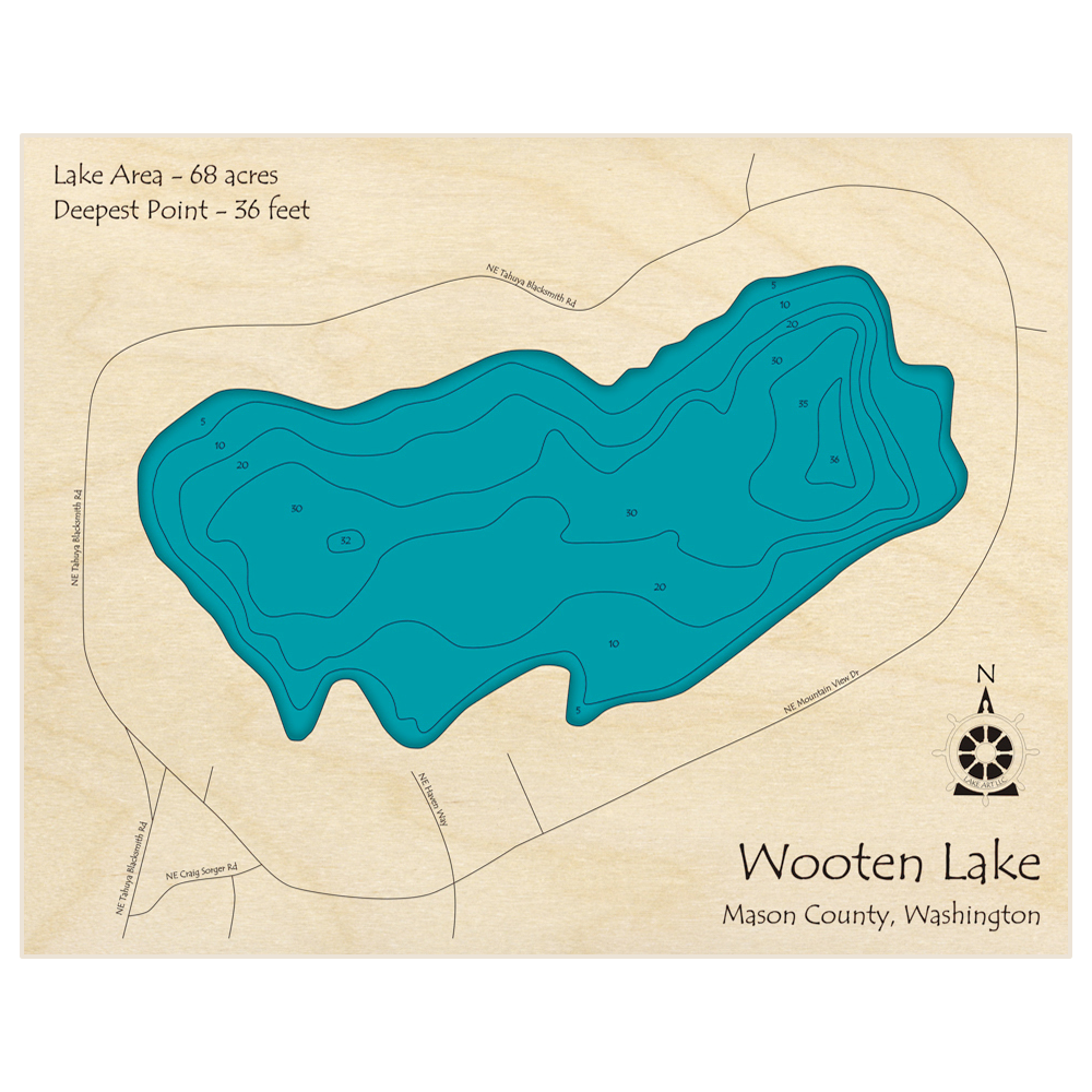 Bathymetric topo map of Wooten Lake with roads, towns and depths noted in blue water