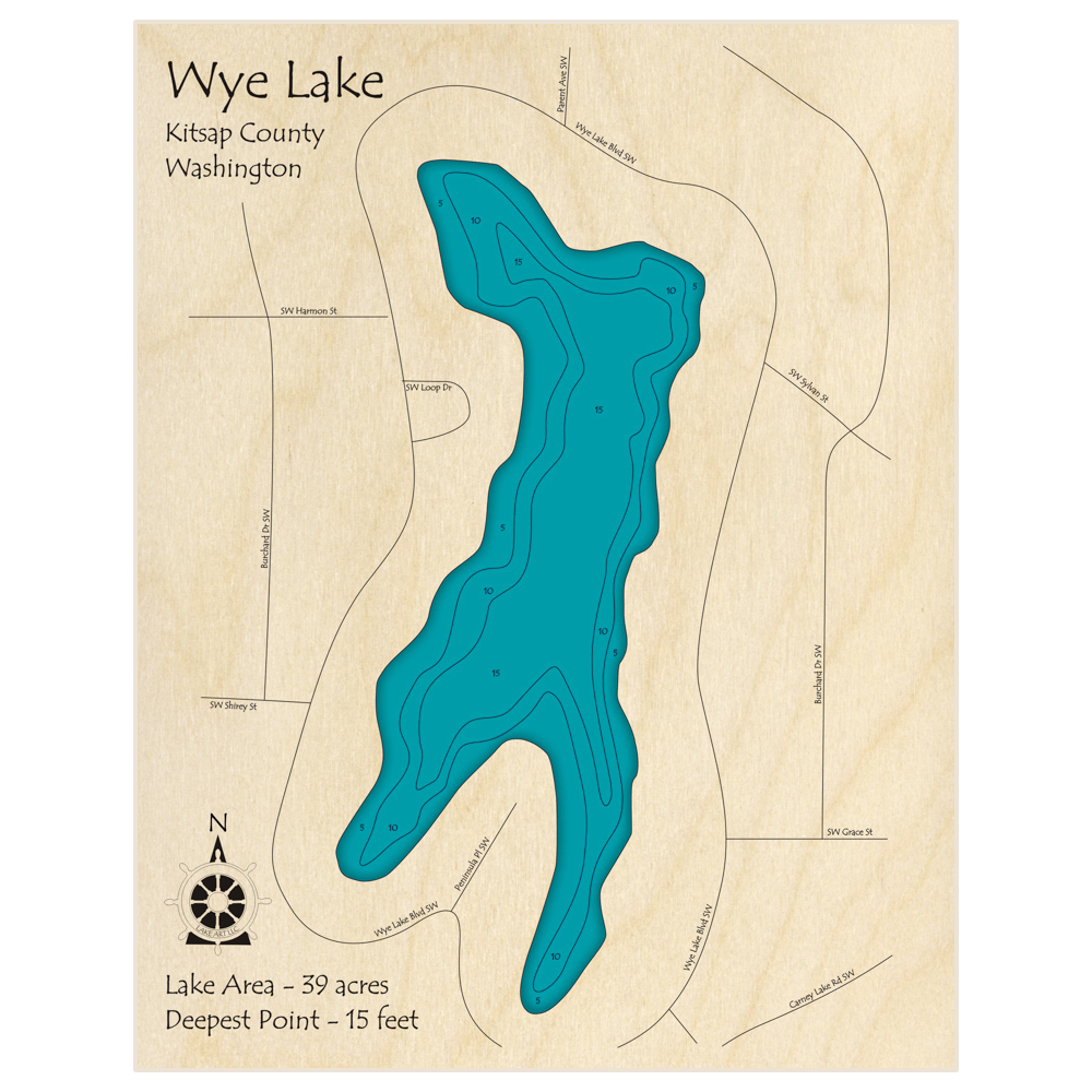 Bathymetric topo map of Wye Lake with roads, towns and depths noted in blue water