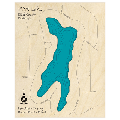 Bathymetric topo map of Wye Lake with roads, towns and depths noted in blue water