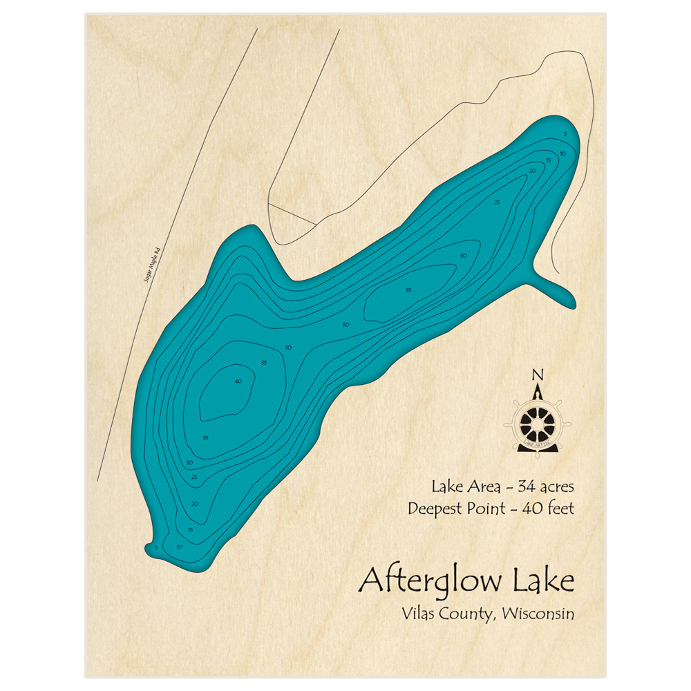 Bathymetric topo map of Afterglow Lake with roads, towns and depths noted in blue water