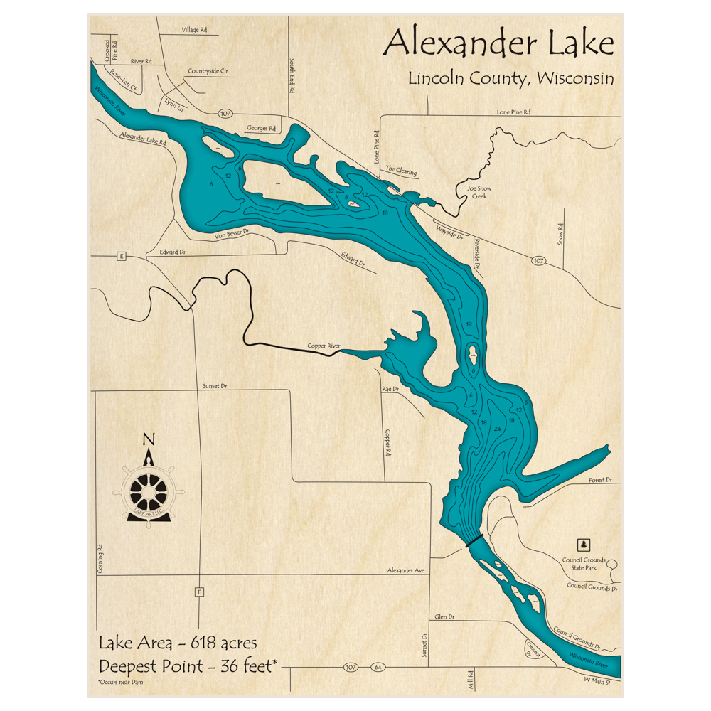 Bathymetric topo map of Alexander Lake with roads, towns and depths noted in blue water