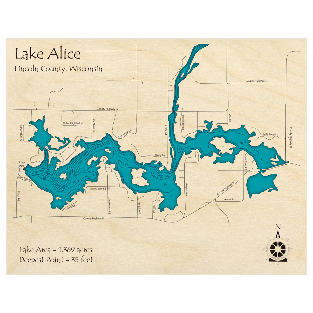 Bathymetric topo map of Lake Alice with roads, towns and depths noted in blue water