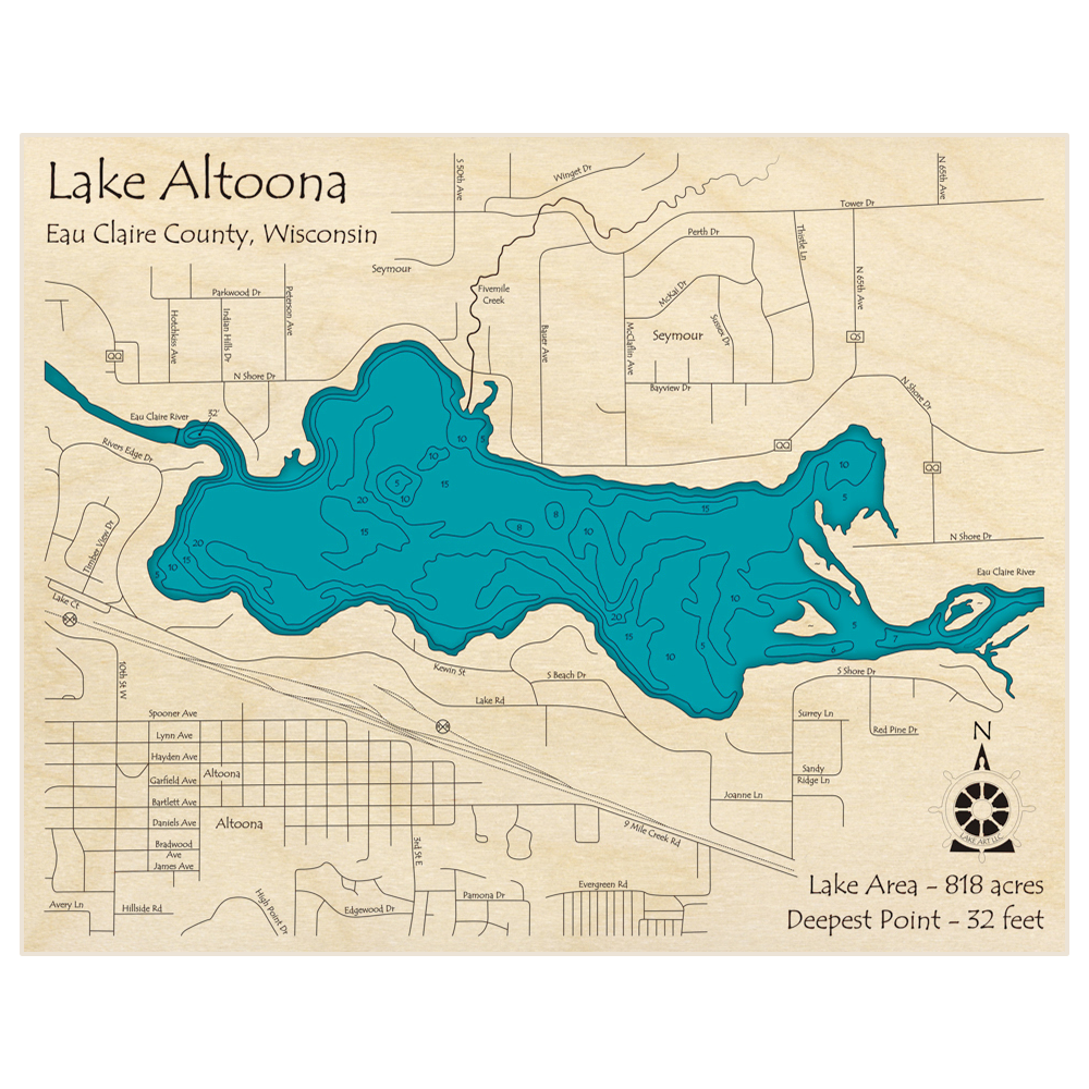 Bathymetric topo map of Lake Altoona with roads, towns and depths noted in blue water
