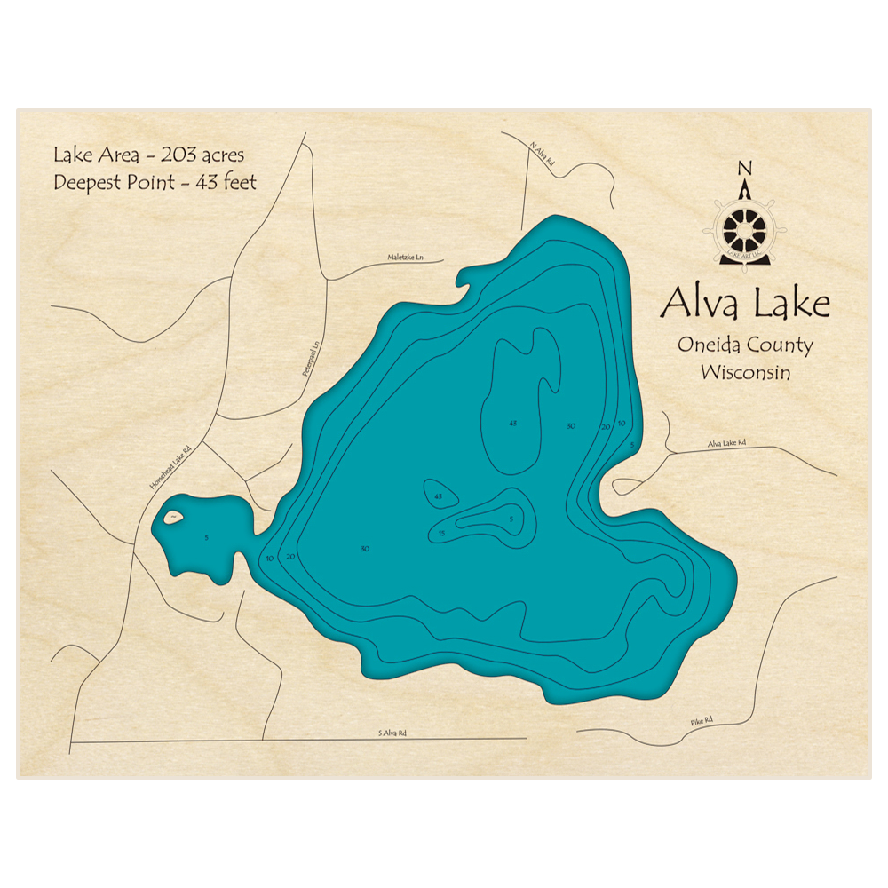 Bathymetric topo map of Alva Lake with roads, towns and depths noted in blue water