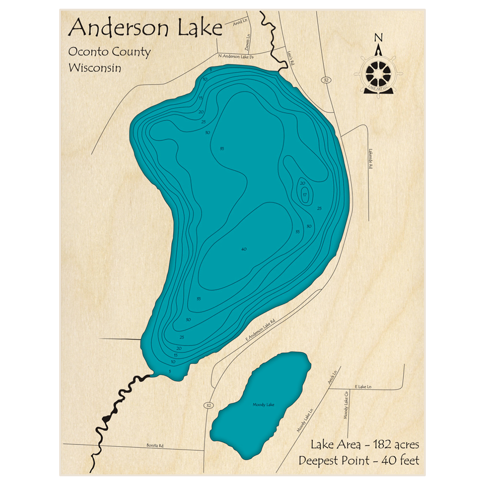 Bathymetric topo map of Anderson Lake with roads, towns and depths noted in blue water