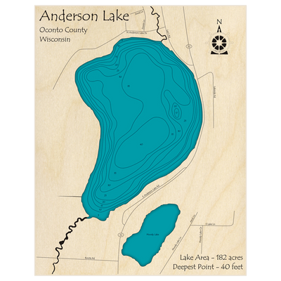 Bathymetric topo map of Anderson Lake with roads, towns and depths noted in blue water