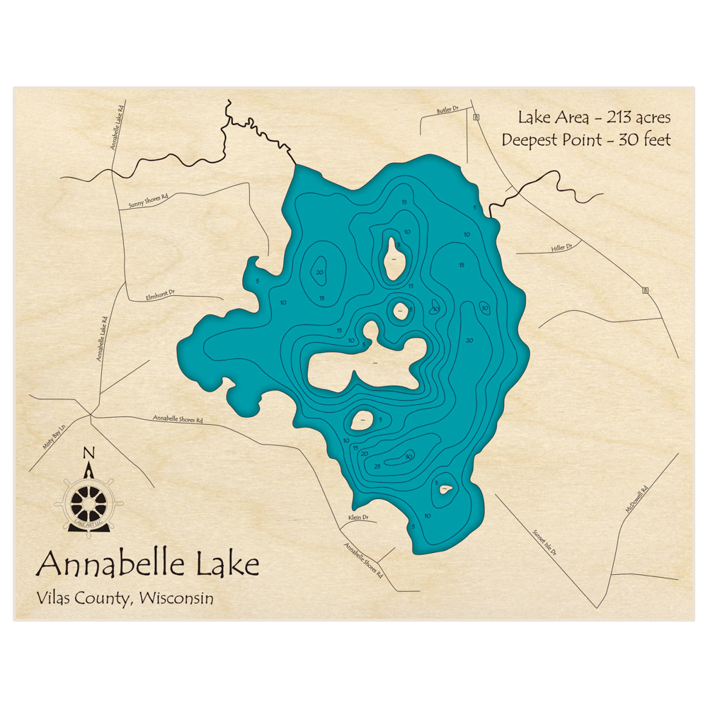 Bathymetric topo map of Annabelle Lake with roads, towns and depths noted in blue water
