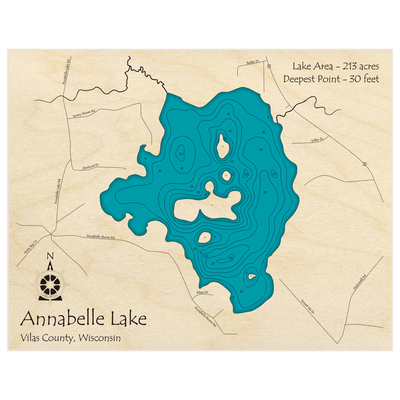 Bathymetric topo map of Annabelle Lake with roads, towns and depths noted in blue water