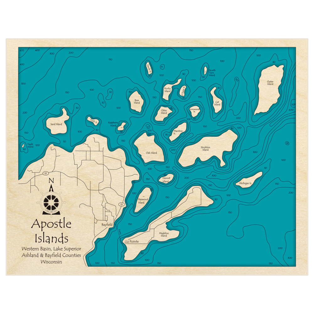 Bathymetric topo map of Apostle Islands with roads, towns and depths noted in blue water