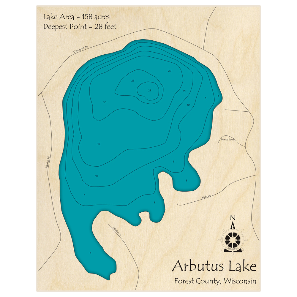 Bathymetric topo map of Arbutus Lake with roads, towns and depths noted in blue water