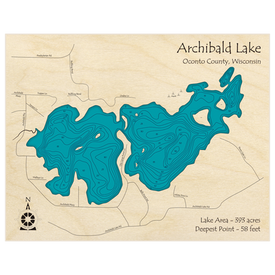 Bathymetric topo map of Archibald Lake with roads, towns and depths noted in blue water