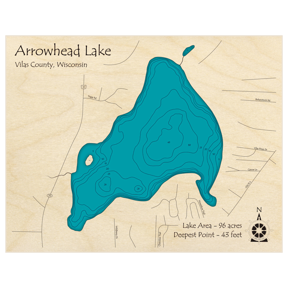 Bathymetric topo map of Arrowhead Lake with roads, towns and depths noted in blue water