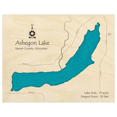Bathymetric topo map of Ashegon Lake with roads, towns and depths noted in blue water