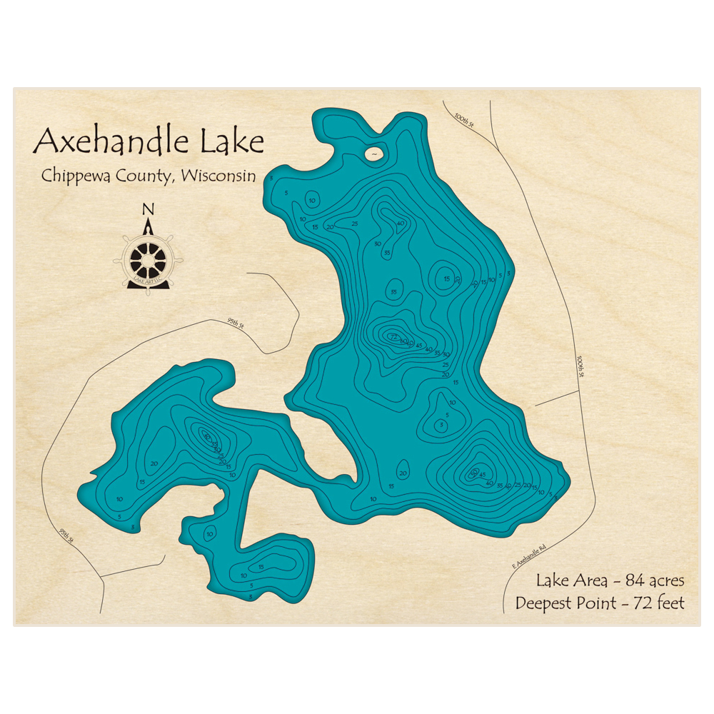 Bathymetric topo map of Axehandle Lake with roads, towns and depths noted in blue water