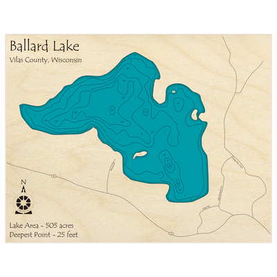 Bathymetric topo map of Ballard Lake with roads, towns and depths noted in blue water