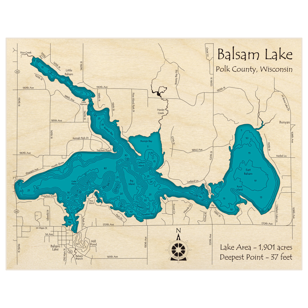 Bathymetric topo map of Balsam Lake with roads, towns and depths noted in blue water