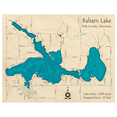 Bathymetric topo map of Balsam Lake with roads, towns and depths noted in blue water