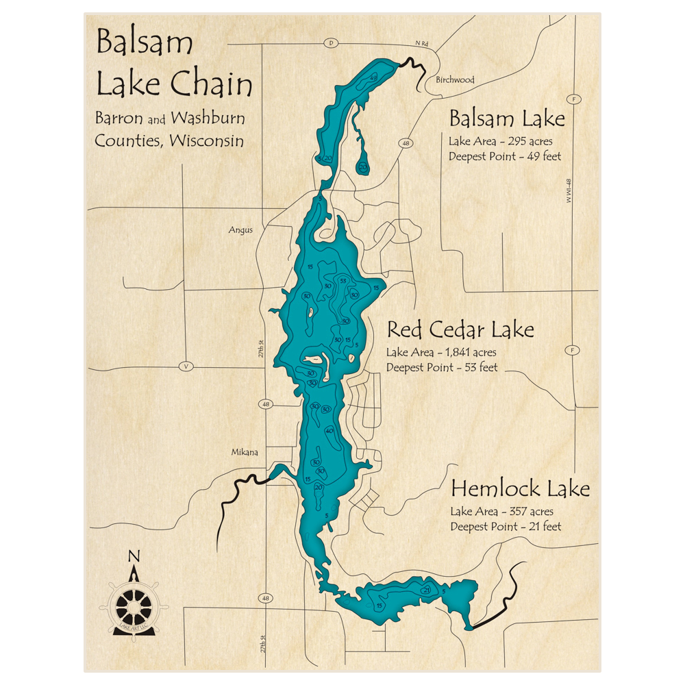 Bathymetric topo map of Balsam Lake Chain (With Red Cedar and Hemlock Lakes) with roads, towns and depths noted in blue water