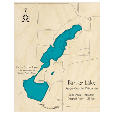 Bathymetric topo map of Barber Lake with roads, towns and depths noted in blue water