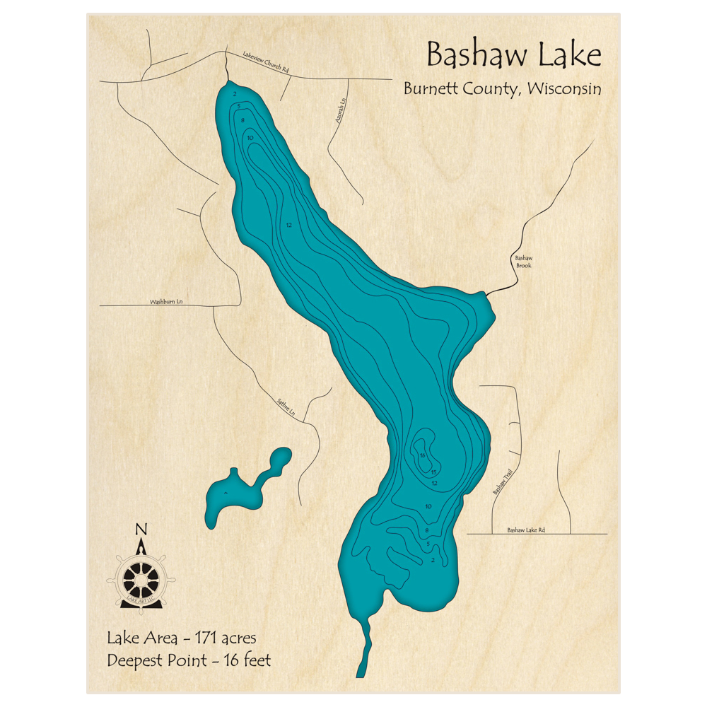 Bathymetric topo map of Bashaw Lake with roads, towns and depths noted in blue water