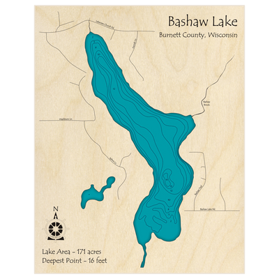 Bathymetric topo map of Bashaw Lake with roads, towns and depths noted in blue water