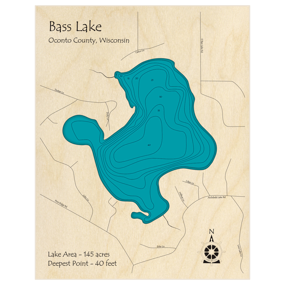 Bathymetric topo map of Bass Lake with roads, towns and depths noted in blue water