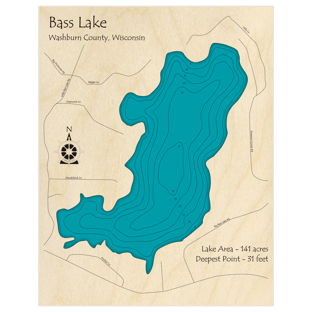 Bathymetric topo map of Bass Lake with roads, towns and depths noted in blue water