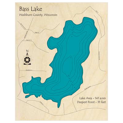 Bathymetric topo map of Bass Lake with roads, towns and depths noted in blue water