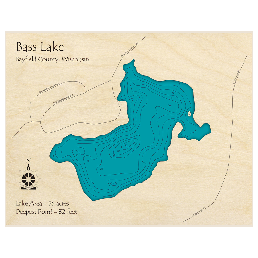 Bathymetric topo map of Bass Lake (near Lake Owen) with roads, towns and depths noted in blue water