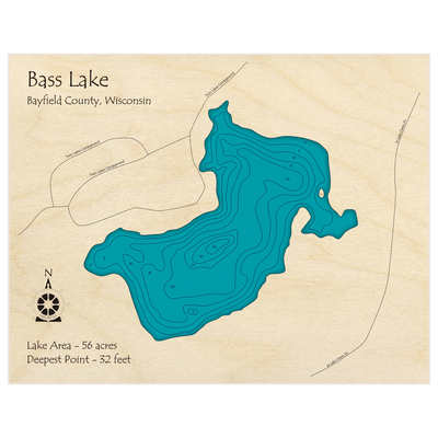 Bathymetric topo map of Bass Lake (near Lake Owen) with roads, towns and depths noted in blue water