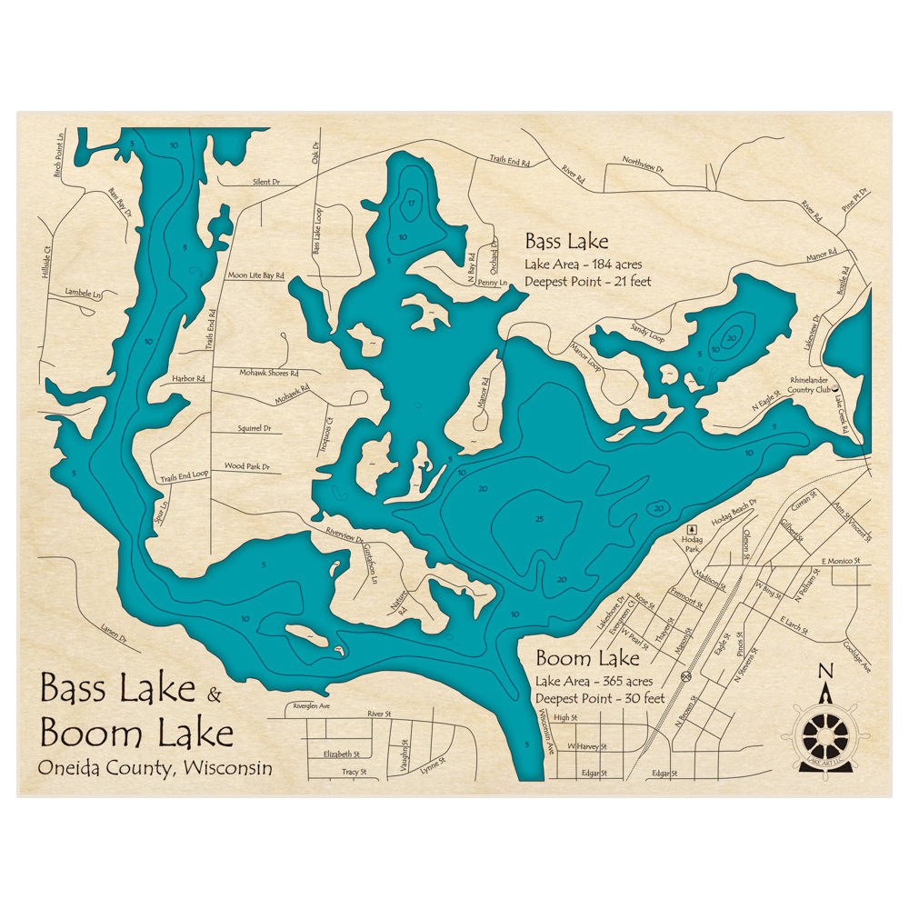 Bathymetric topo map of Bass Lake and Boom Lake (extended version) with roads, towns and depths noted in blue water