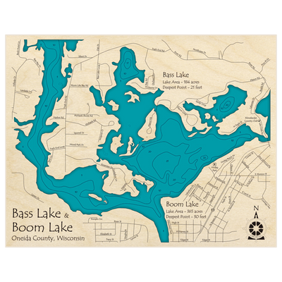 Bathymetric topo map of Bass Lake and Boom Lake (extended version) with roads, towns and depths noted in blue water